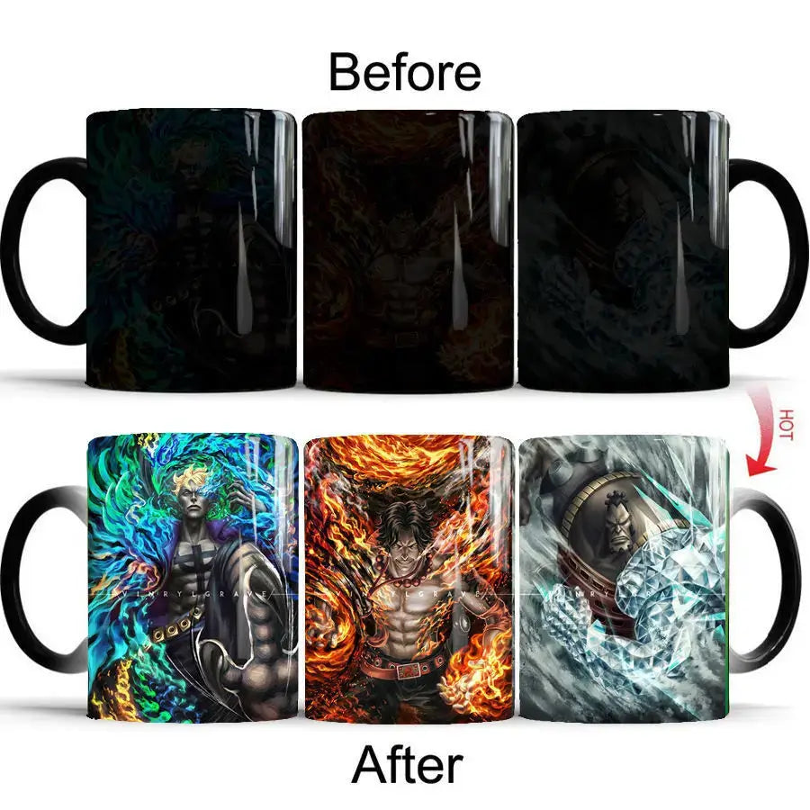 A ceramic One Piece Color Changing Mug revealing Gear 5 Nika Luffy and Fire Fist Ace artwork when filled with hot liquid.