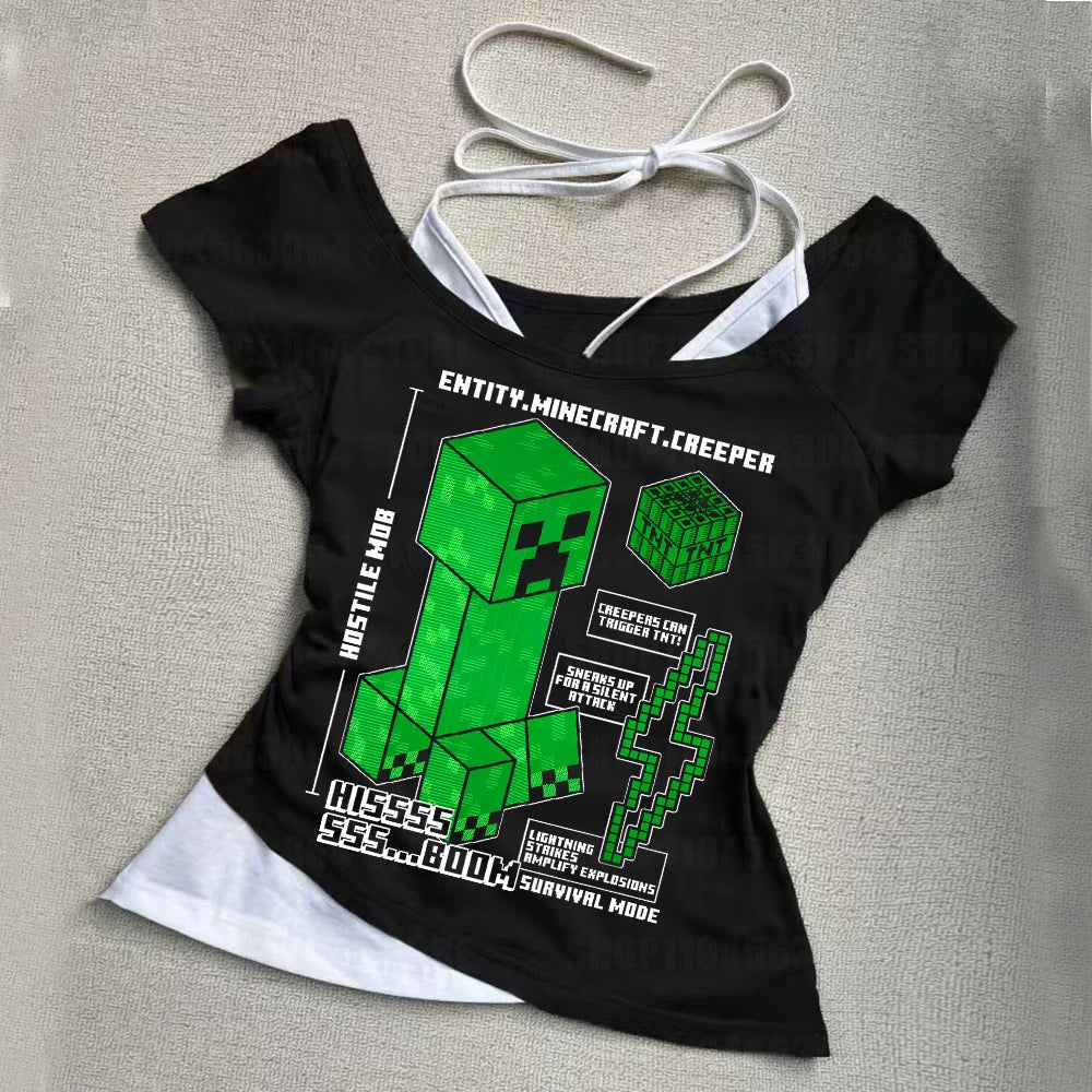 A model wearing the Punk Gothic Slim Baby Tee, a Y2k fake two-piece off-shoulder top in a Harajuku streetwear style.