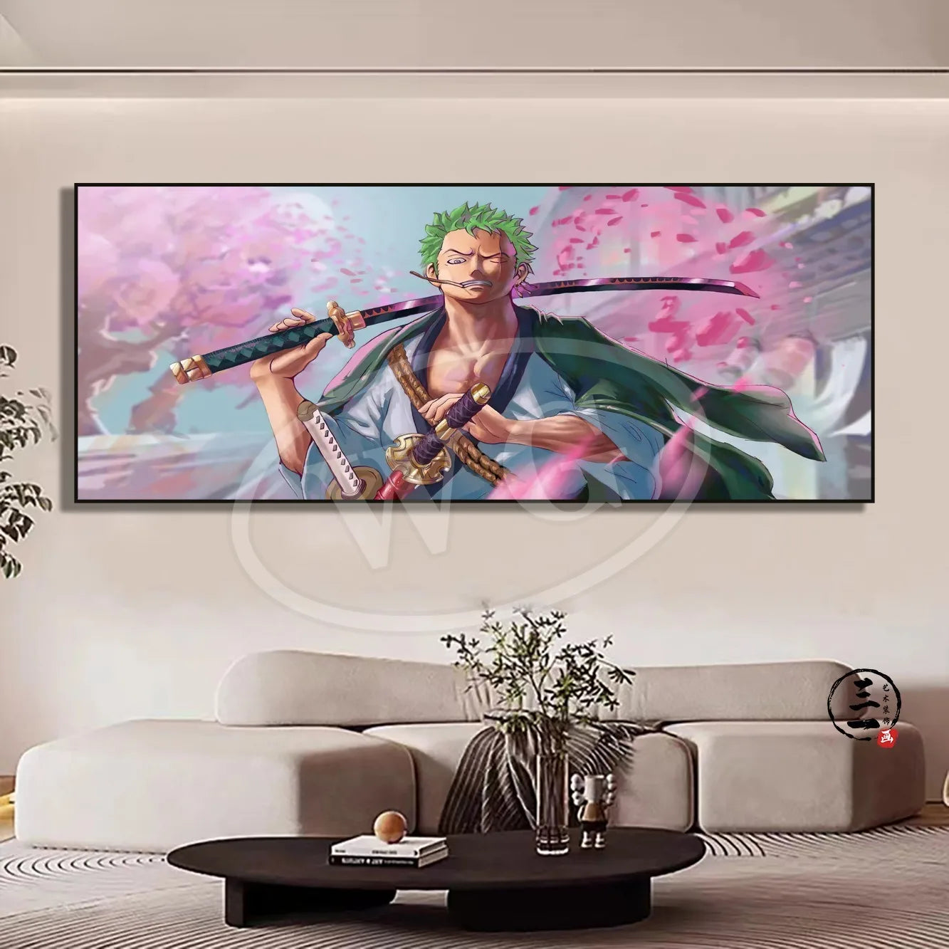 A high-quality One Piece decorative painting featuring Monkey D. Luffy, Roronoa Zoro, and Portgas D. Ace as a sofa background wall hanging.