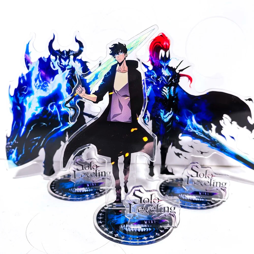 A high-definition 15cm Solo Leveling Acrylic Stand featuring Sung Jinwoo, Sung Jin Ah, and Yoo Jin Ho anime action figures for desk decoration.