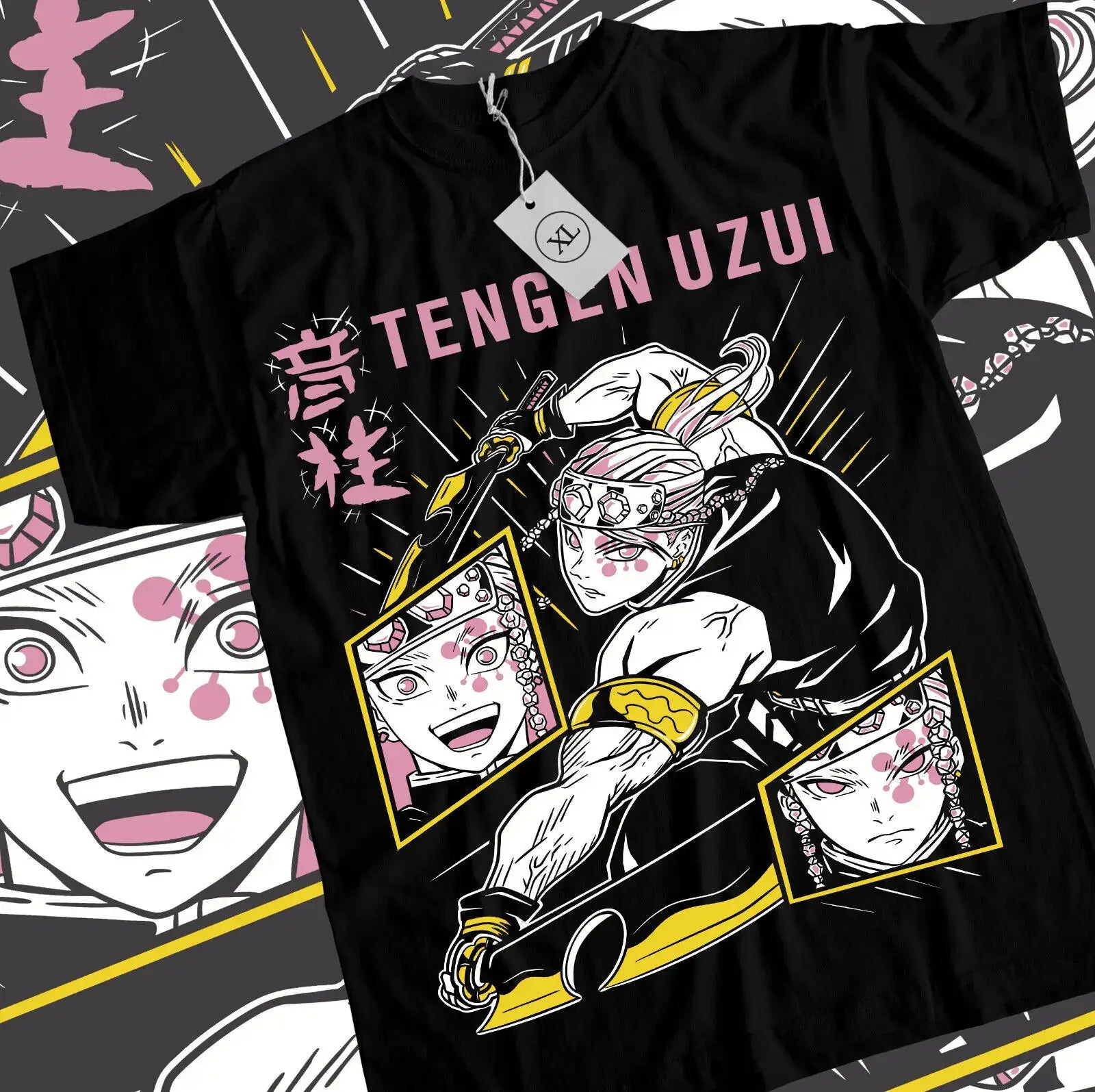 A premium black Tengen Uzui T-shirt featuring high-quality graphic art of the Sound Hashira from Demon Slayer, available in sizes S to 5XL.