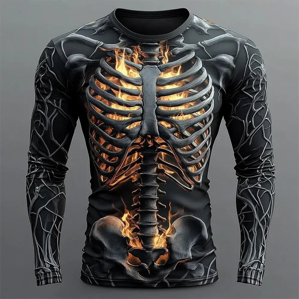 A man wearing the oversized Creative Design 3D Skull Print Men's T-Shirt with long sleeves.