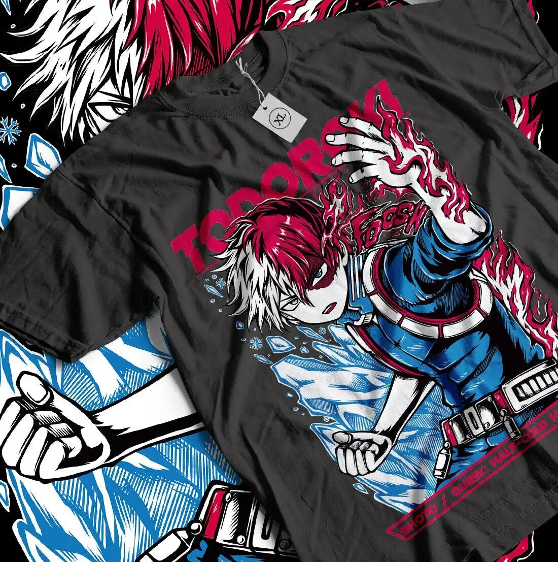 An oversized Shoto Todoroki T-Shirt featuring colorful anime graphic art of Shoto, Dabi, and All Might styled for women's streetwear.