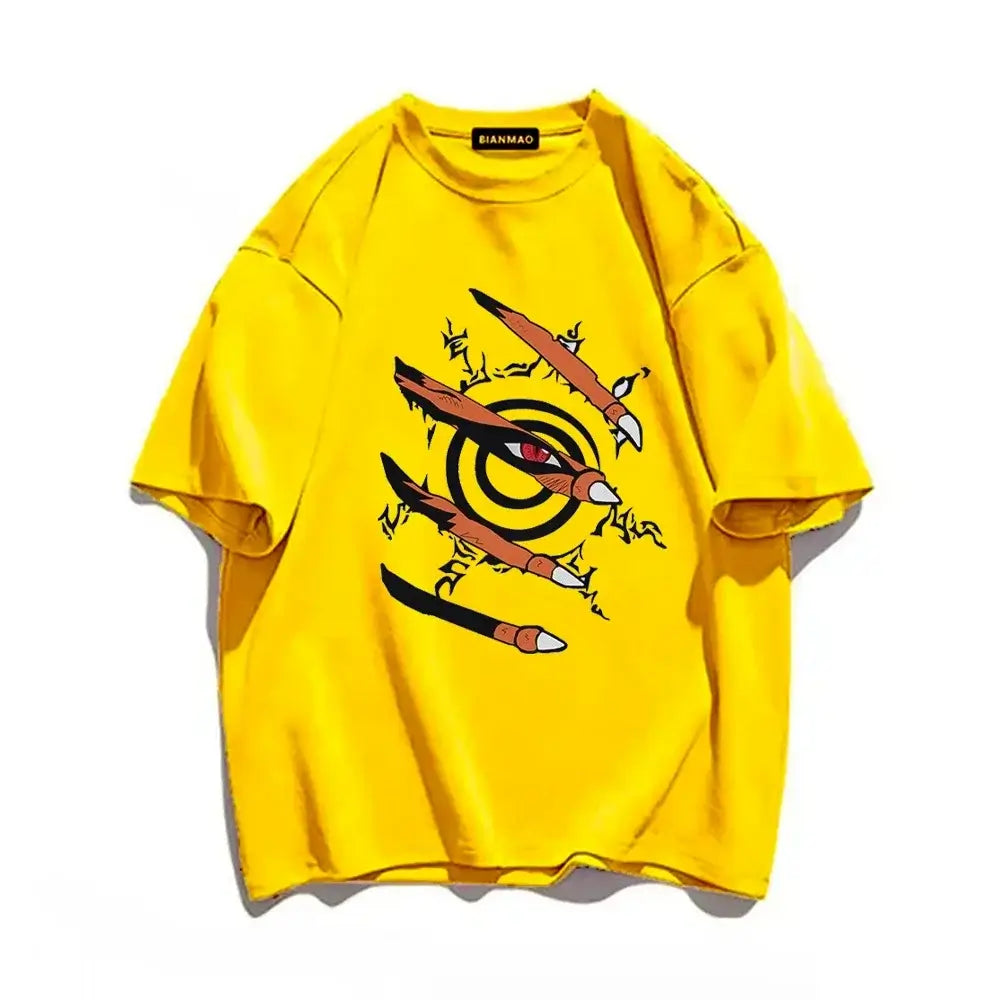 A black Naruto Graphic T-Shirt featuring a 3D effect of the Nine-Tails Kurama claws tearing through the fabric to reveal the seal and red eye.