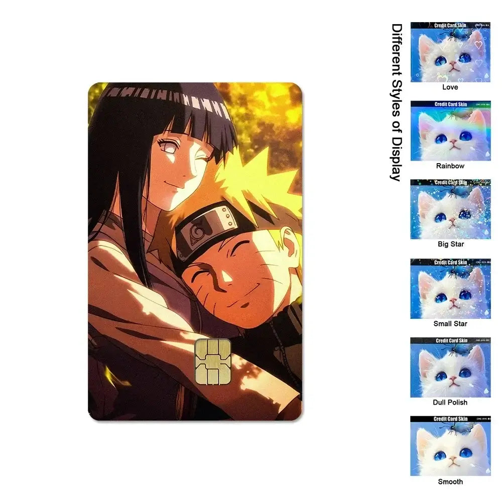 A waterproof Naruto Credit Card Skin PVC sticker featuring Uchiha Sasuke anime art applied to a standard debit bank card.