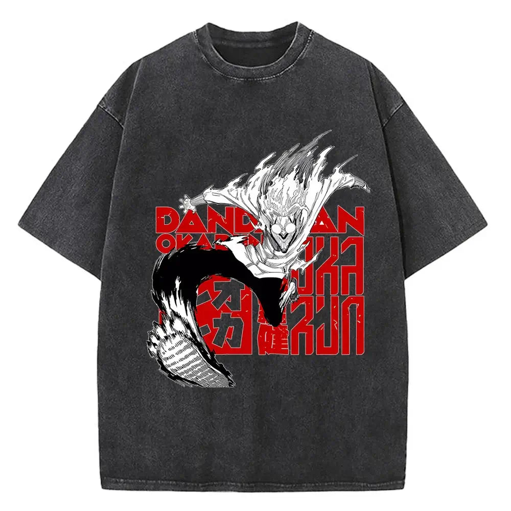 A high-quality cotton men's Dandadan Okarun T-shirt with a Japanese anime cartoon print and aesthetic fashion design.