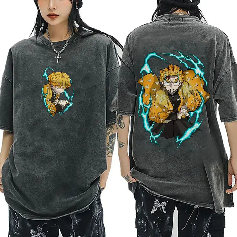 A washed black Demon Slayer Vintage T-Shirt made of 100% cotton, featuring an oversized cartoon anime graphic for men and women.