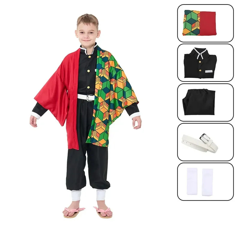 A high-quality Kids Demon Slayer Costume featuring the green checkered Tanjiro Haori and yellow Zenitsu cloak for children's dress-up.