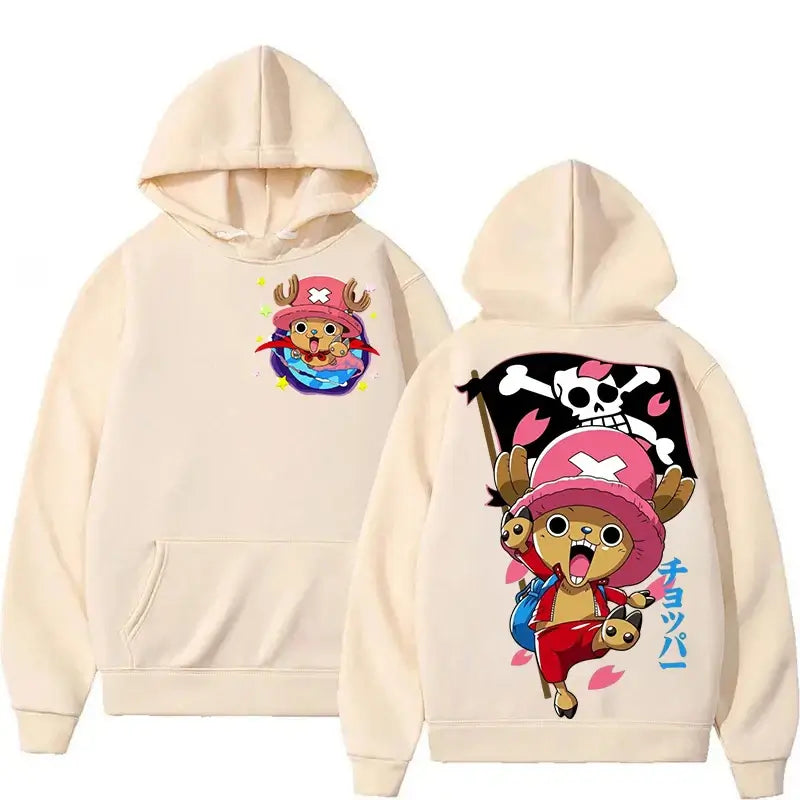 A couple wearing the oversized Harajuku Style Chopper Hoodie with a cute One Piece pattern.