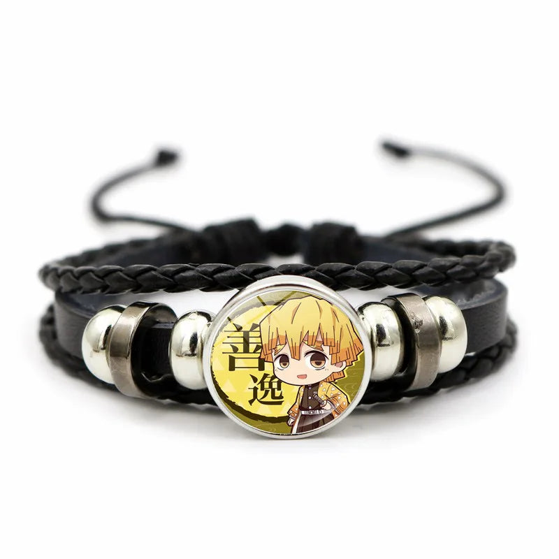 A woven leather Demon Slayer Bracelet featuring a glass art photo charm of Tanjiro Kamado and Nezuko, designed as an anime accessory for fans.