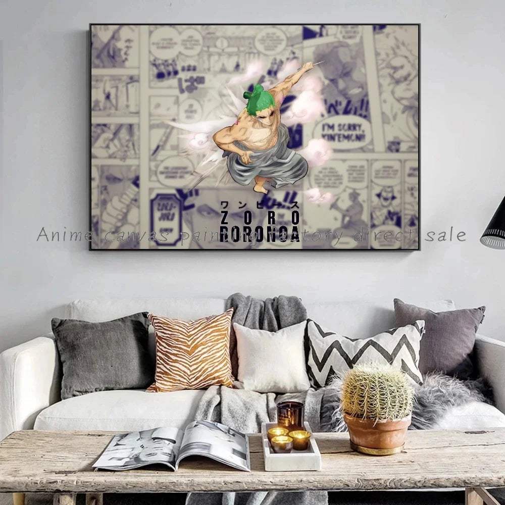 A high-definition One Piece Luffy Zoro Poster printed on canvas, displaying the anime characters Monkey D. Luffy and Roronoa Zoro for wall decoration.