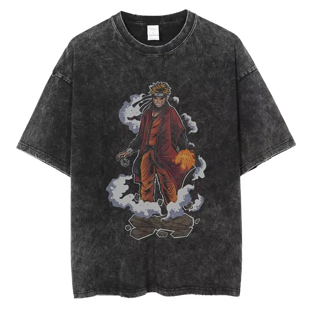 A washed black Naruto Vintage T-Shirt featuring a hip hop style anime print, designed as Harajuku streetwear for men and women.