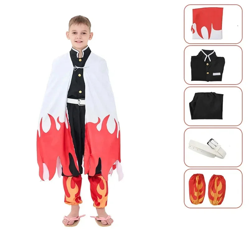 A high-quality Kids Demon Slayer Costume featuring the green checkered Tanjiro Haori and yellow Zenitsu cloak for children's dress-up.