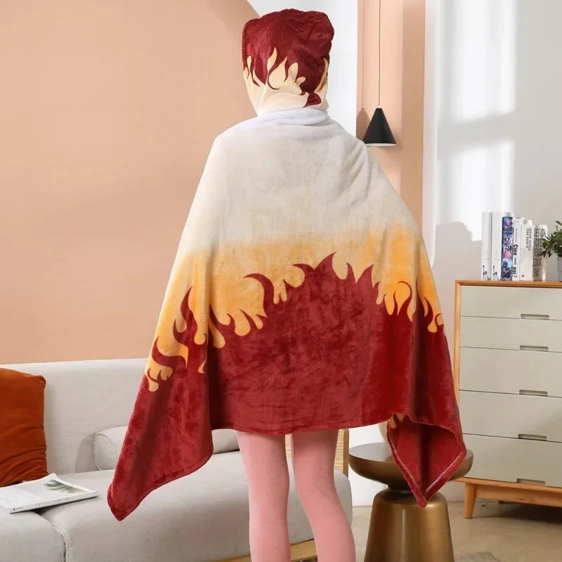 A cozy Demon Slayer Blanket styled as a Tanjiro Kamado plaid haori, functioning as a wearable bathrobe and anime cosplay shawl.