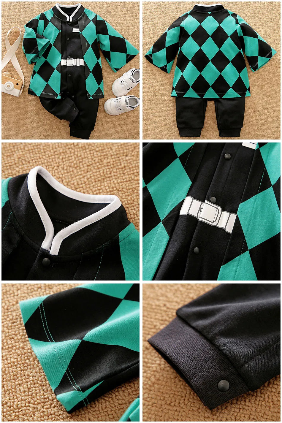 A newborn infant wearing the Baby Anime Costume, a cosplay jumpsuit available in Luffy, Akatsuki, and Vegeta styles.