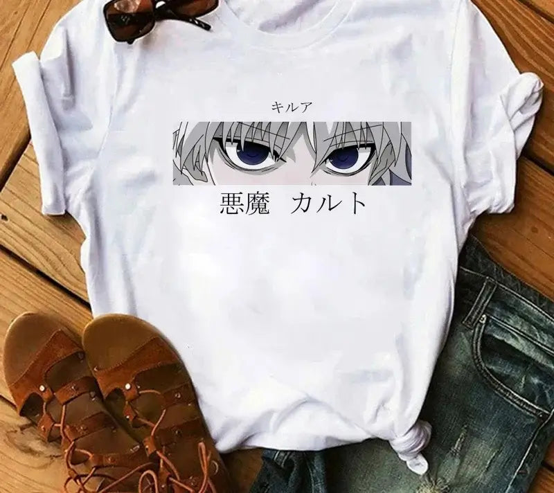 A woman wearing the casual vintage Japanese Anime Hunter X Hunter Graphic T Shirt.