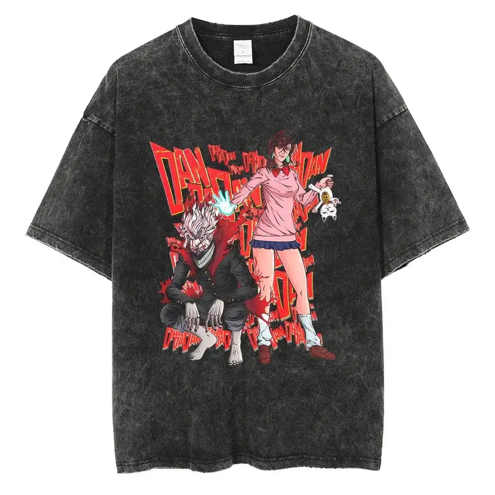 An oversized Anime Dandadan Ken Takakura T-shirt with a washed vintage print of Okarun for men.