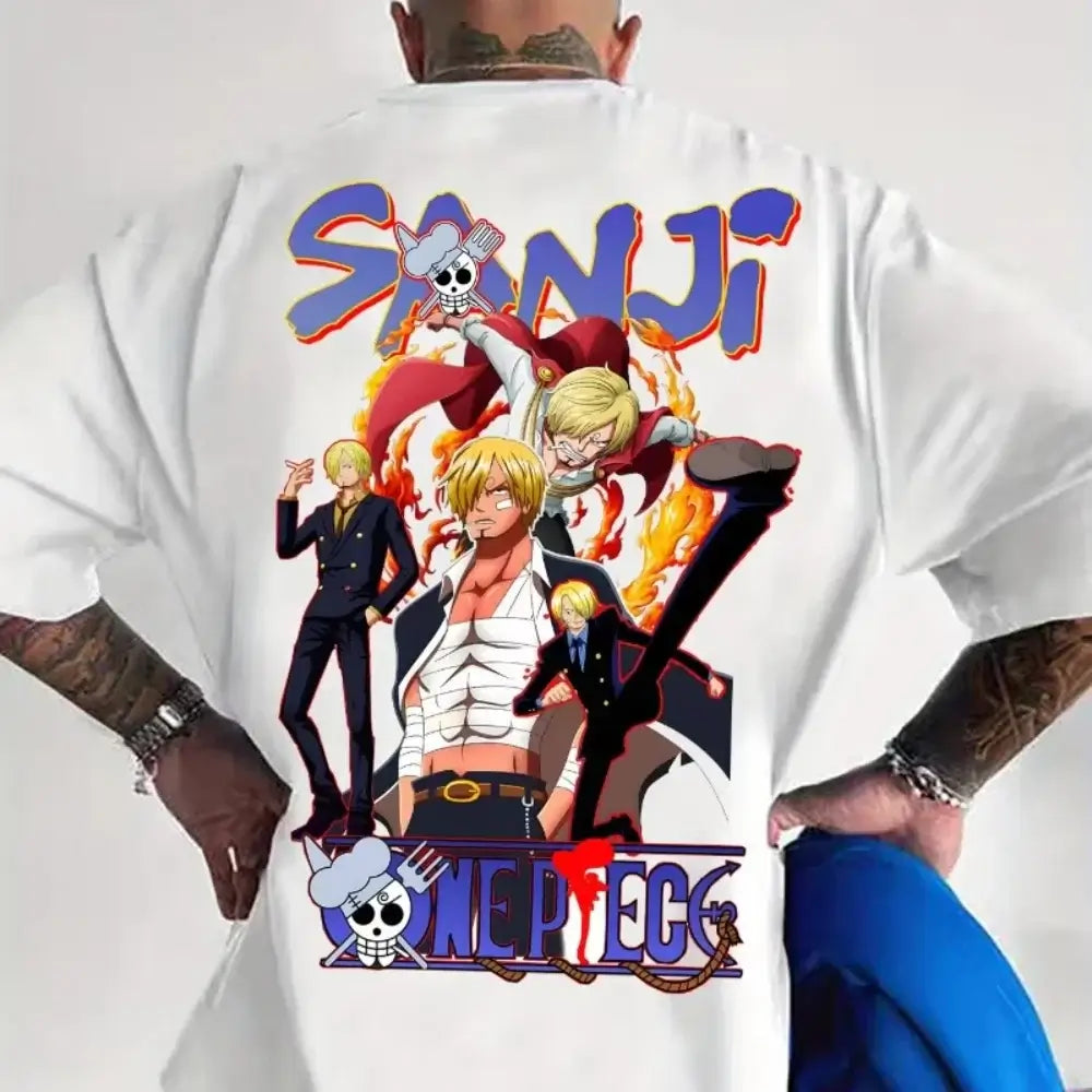 A trendy 2026 MINISO One Piece TShirt made of soft cotton, featuring a graphic print of Luffy, Zoro, and Sanji for men and women.