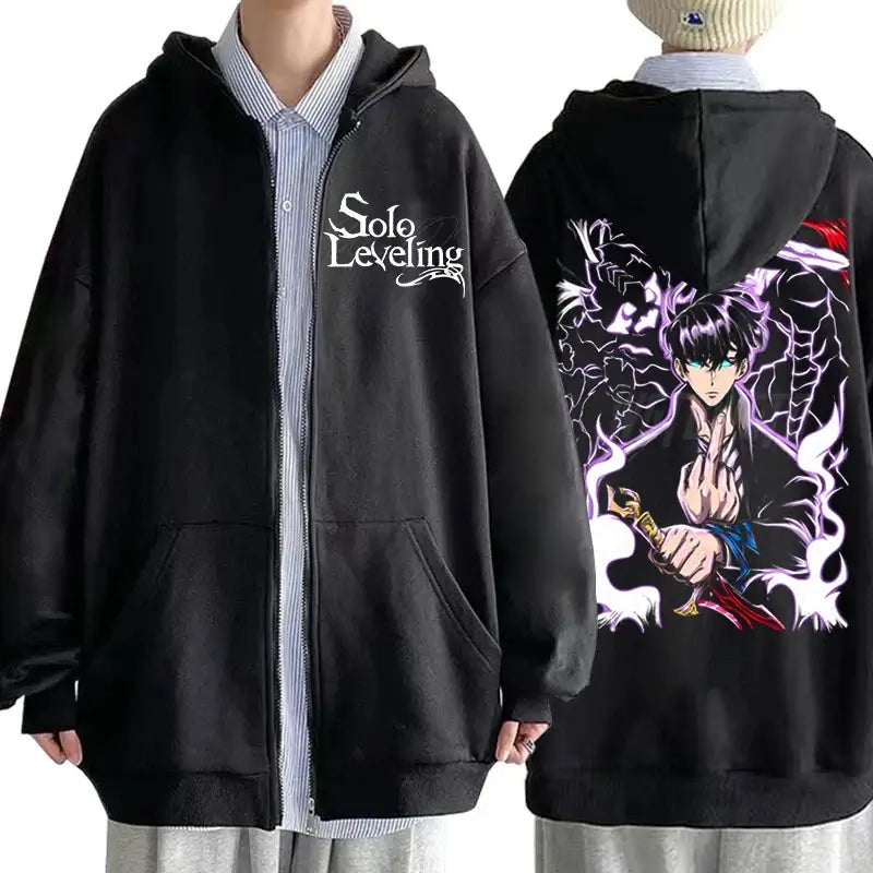 A unisex Solo Leveling Graphic Hoodie with a Sung Jin Woo print, shown in a cool streetwear style.