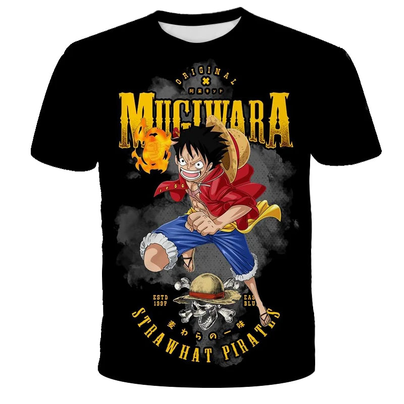 A loose-fit One Piece Luffy T-shirt featuring a cool cartoon Monkey D. Luffy graphic, designed for boys and men as casual anime streetwear.