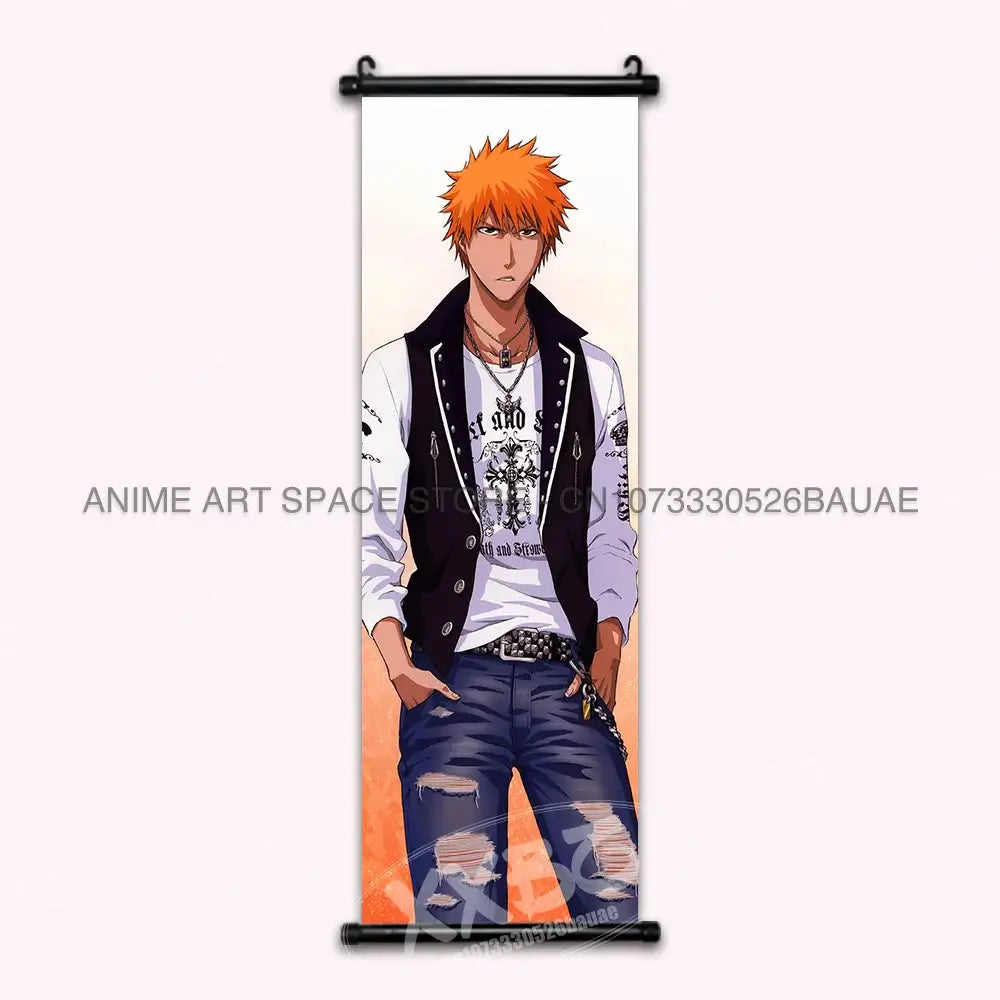 High-quality Bleach Anime Posters Japanese hanging scroll featuring Kurosaki Ichigo and Kuchiki Rukia printed on durable canvas for home decor.