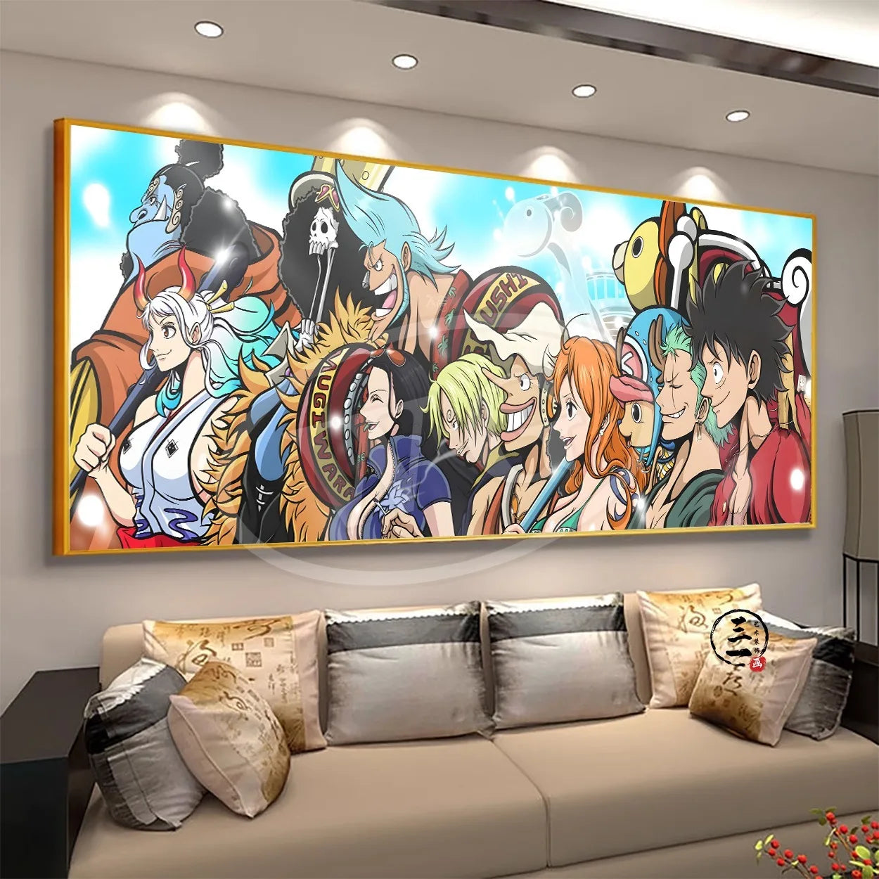 A high-quality One Piece decorative painting featuring Monkey D. Luffy, Roronoa Zoro, and Portgas D. Ace as a sofa background wall hanging.
