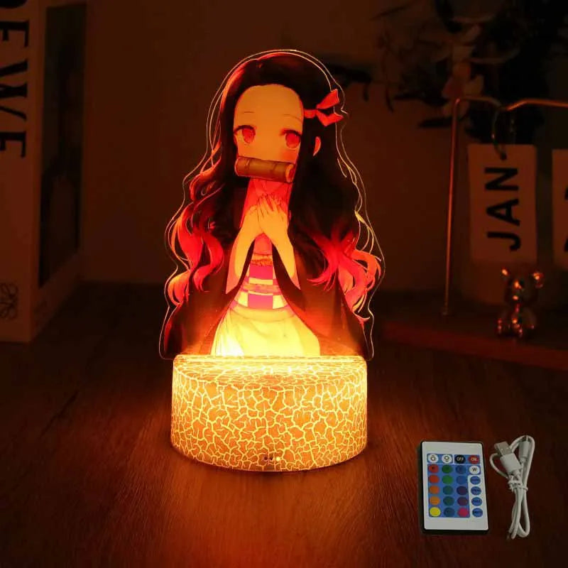 A glowing Demon Slayer 3D Lamp featuring an acrylic Tanjiro and Nezuko figure design, illuminated in blue LED light for bedroom decor.