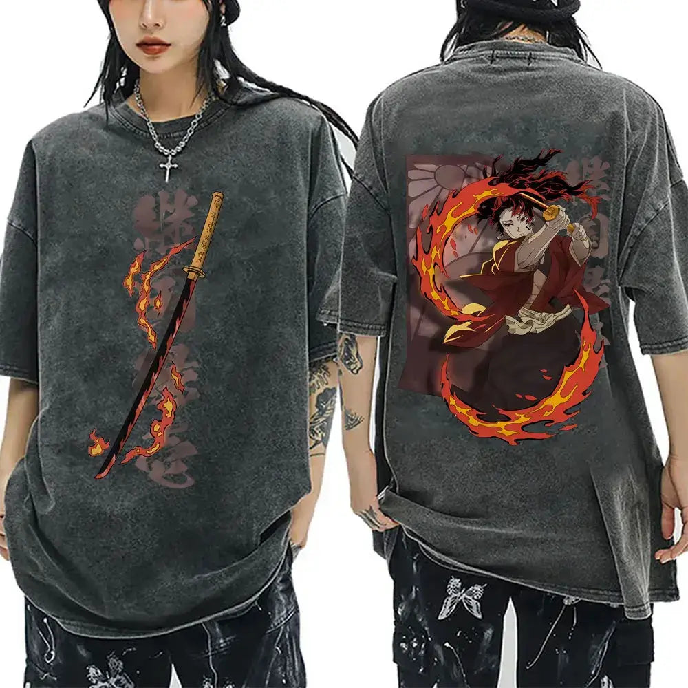 A washed black Demon Slayer Vintage T-Shirt made of 100% cotton, featuring an oversized cartoon anime graphic for men and women.