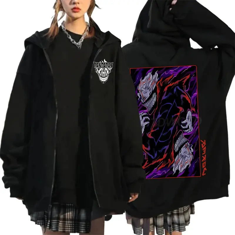 An oversized Anime Dandadan Ken Takakura Hoodie with a graphic print of Okarun, designed as a Harajuku male zipper jacket for men and women.