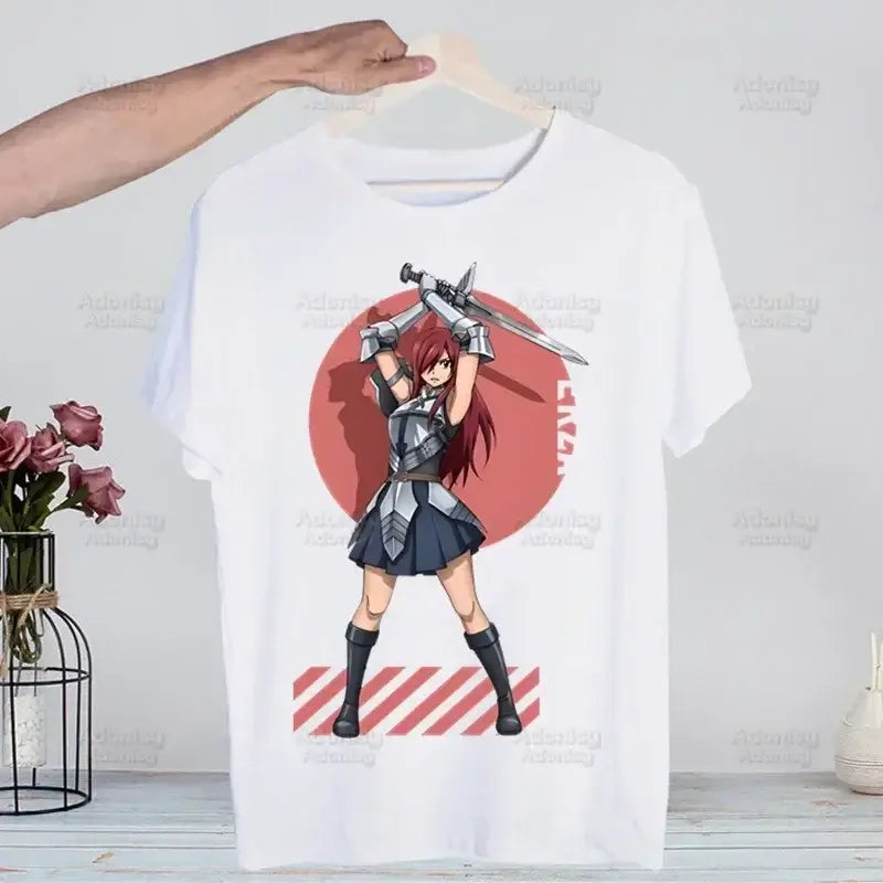 A hip hop style Fairy Tail T-shirt made of cotton featuring anime characters Natsu Dragneel and Lucy Heartfilia.