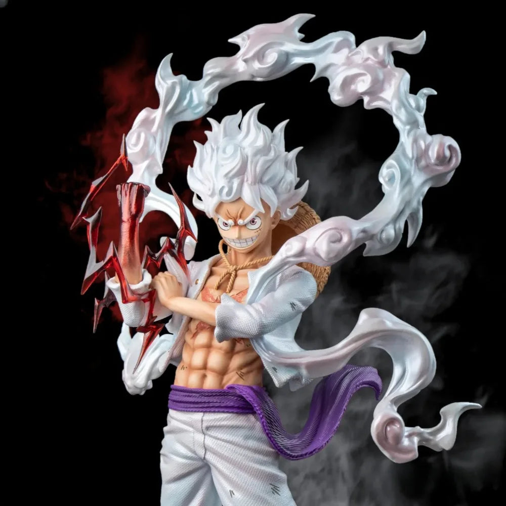 A high-quality 25cm Gear 5 Luffy Figure made of PVC, featuring the Sun God Nika transformation with white clouds and dynamic posing.
