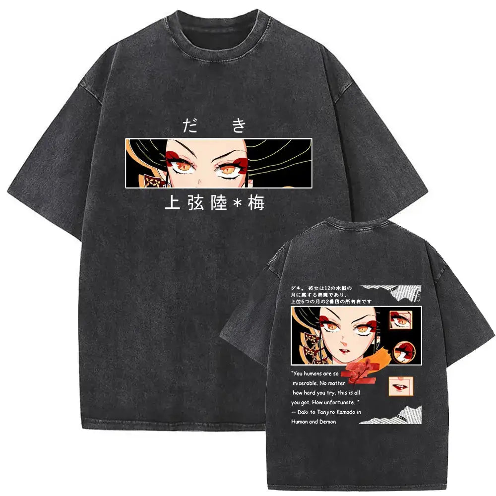 A vintage washed Demon Slayer Daki Graphic T-shirt with a cherry blossom design, an oversized casual cotton tee for men and women.