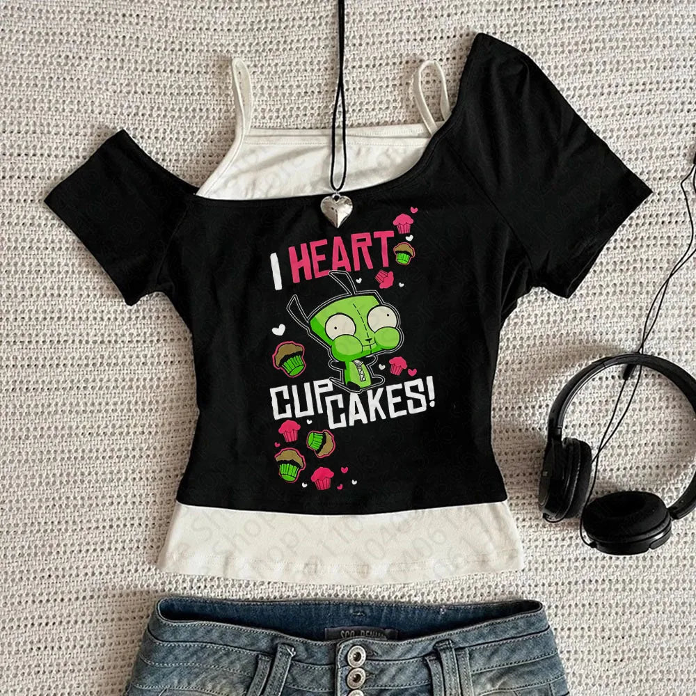 A model wearing the Y2k Clothes Women Tops, a cute cropped Harajuku top with suspenders, showcasing 2000s fashion.