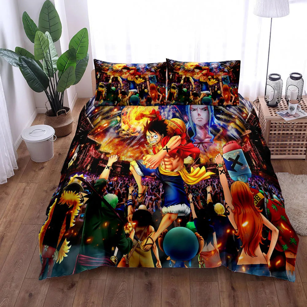 A vibrant One Piece Bedding Set featuring Monkey D. Luffy anime art on a duvet cover and pillowcase, designed for children's bedroom decor.