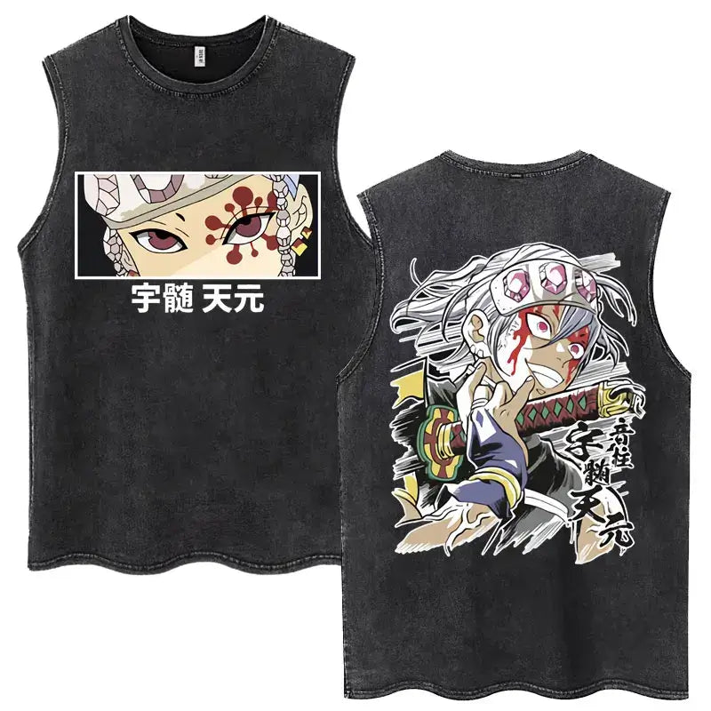 A washed retro Zenitsu Demon Slayer Tank Top featuring Agatsuma Zenitsu manga art, sleeveless cotton summer streetwear for men and women.