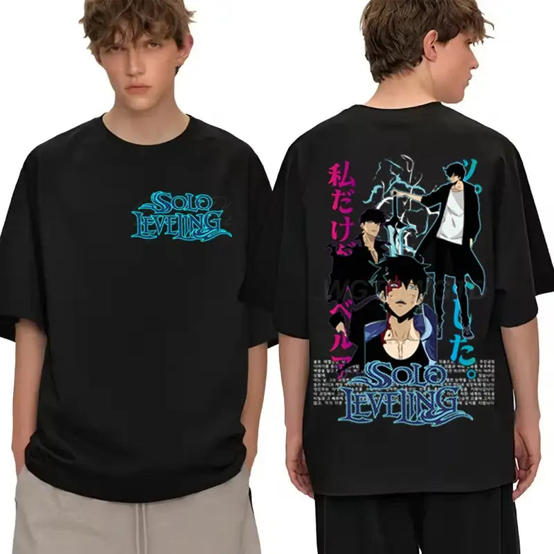 A cool black Solo Leveling T-shirt made of cotton, featuring a high-definition Sung Jinwoo anime graphic in Harajuku street style for men and women.