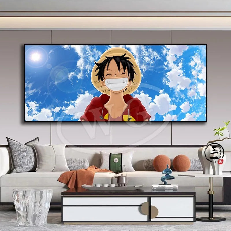A high-quality One Piece decorative painting featuring Monkey D. Luffy, Roronoa Zoro, and Portgas D. Ace as a sofa background wall hanging.
