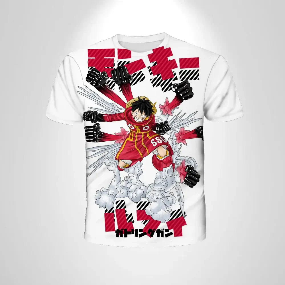 A black loose-fit One Piece Luffy T-shirt featuring a cartoon cosplay graphic of Monkey D. Luffy for men and boys.