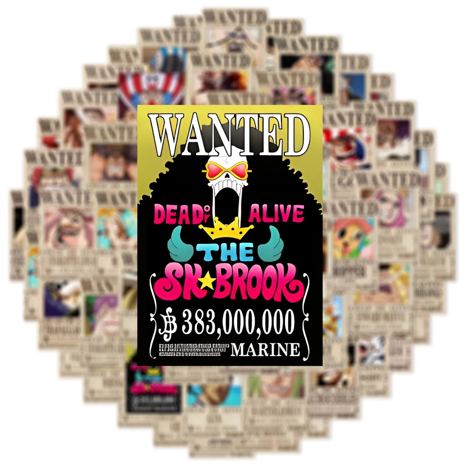 A pack of 50 One Piece Wanted Posters stickers and cool graffiti decals featuring Luffy and the Straw Hat crew, applied to a laptop and suitcase.