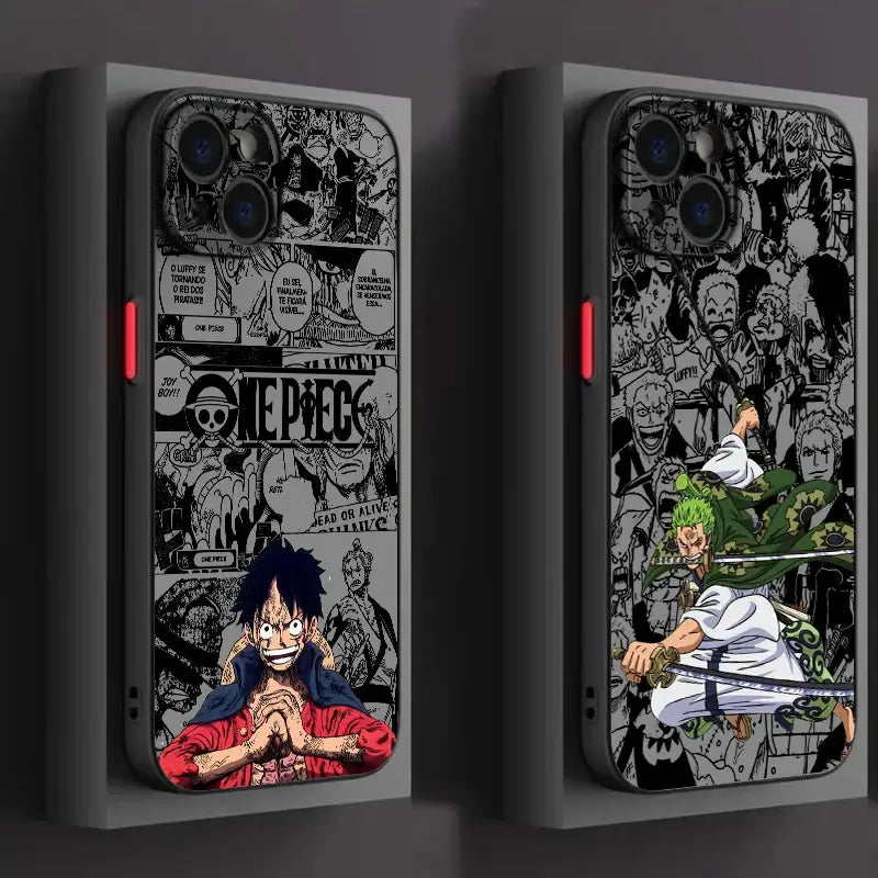 A luxury One Piece iPhone Case with frosted translucent finish and anime art, fitted for Apple iPhone 15, 14, and 13 Pro Max.