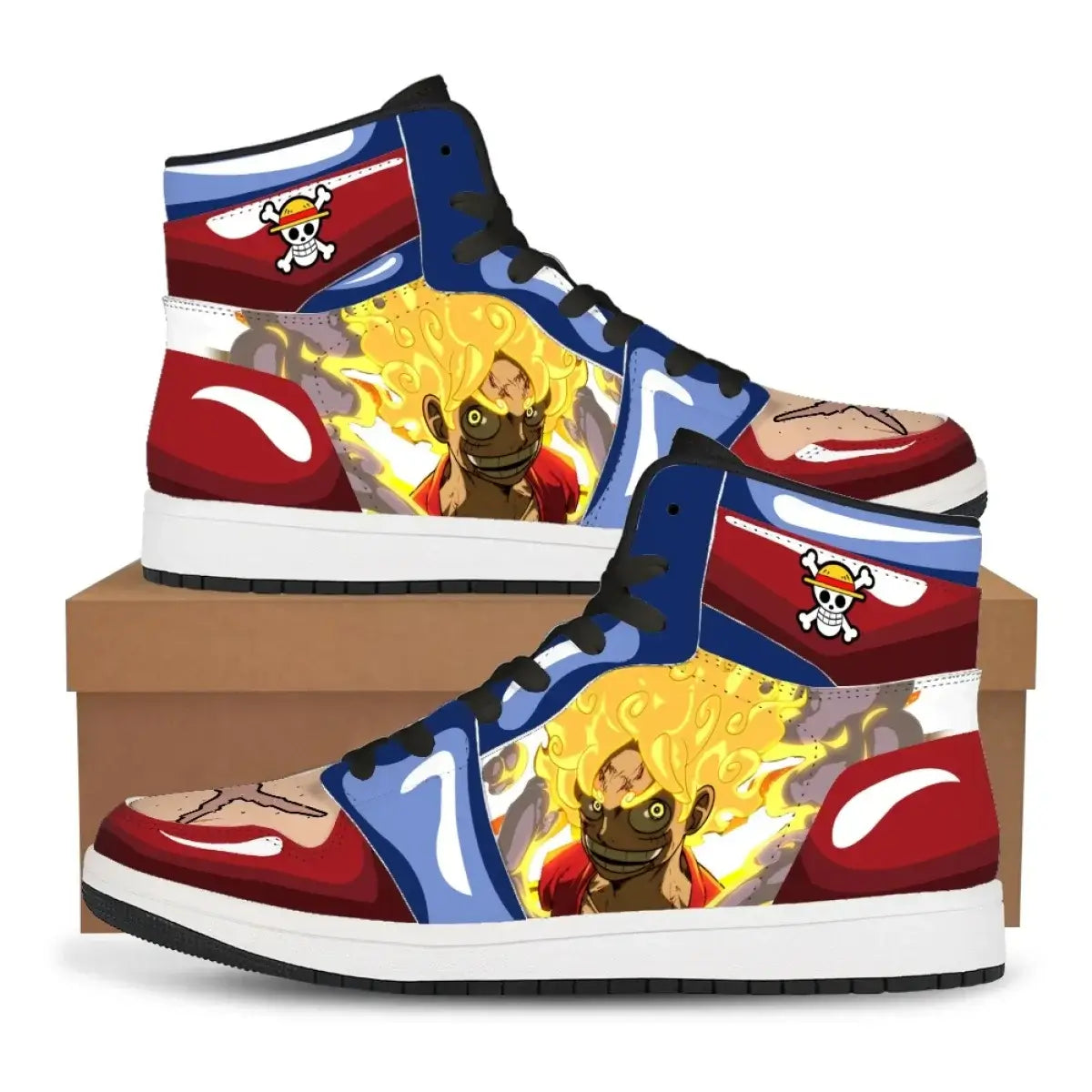 A pair of custom One Piece Basketball Shoes featuring anime designs of Luffy and Zoro, suitable as unisex sneakers.