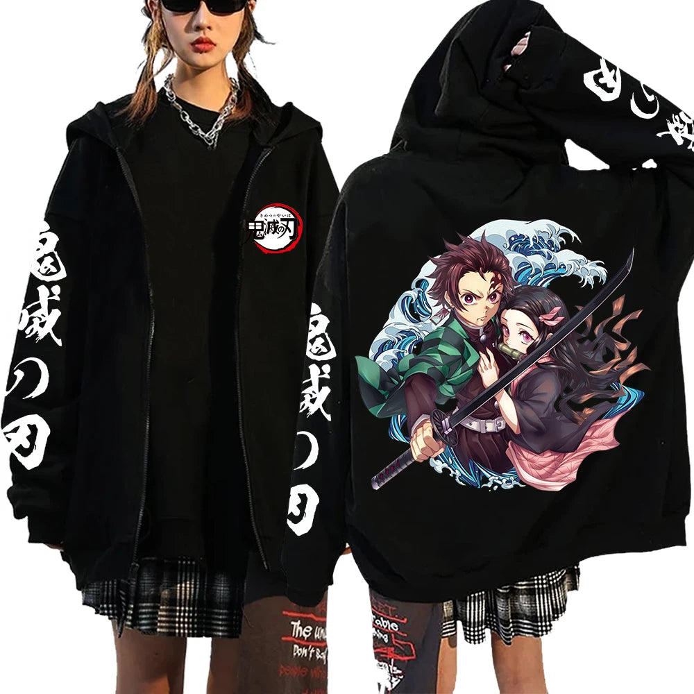 A Y2K style Demon Slayer Zip Up Hoodie featuring a Nezuko Kamado graphic, unisex hip hop streetwear for men and women.