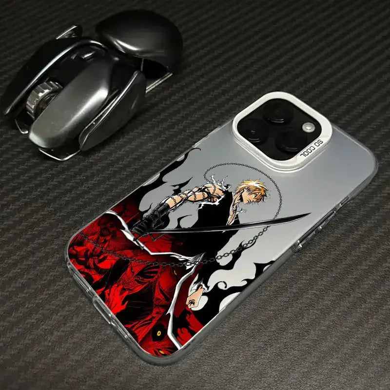 A shockproof Bleach Anime Phone Case featuring Ichigo Kurosaki and Rukia Kuchiki anime art, compatible with Apple iPhone 16e, 16, 15, and 14 Pro Max.