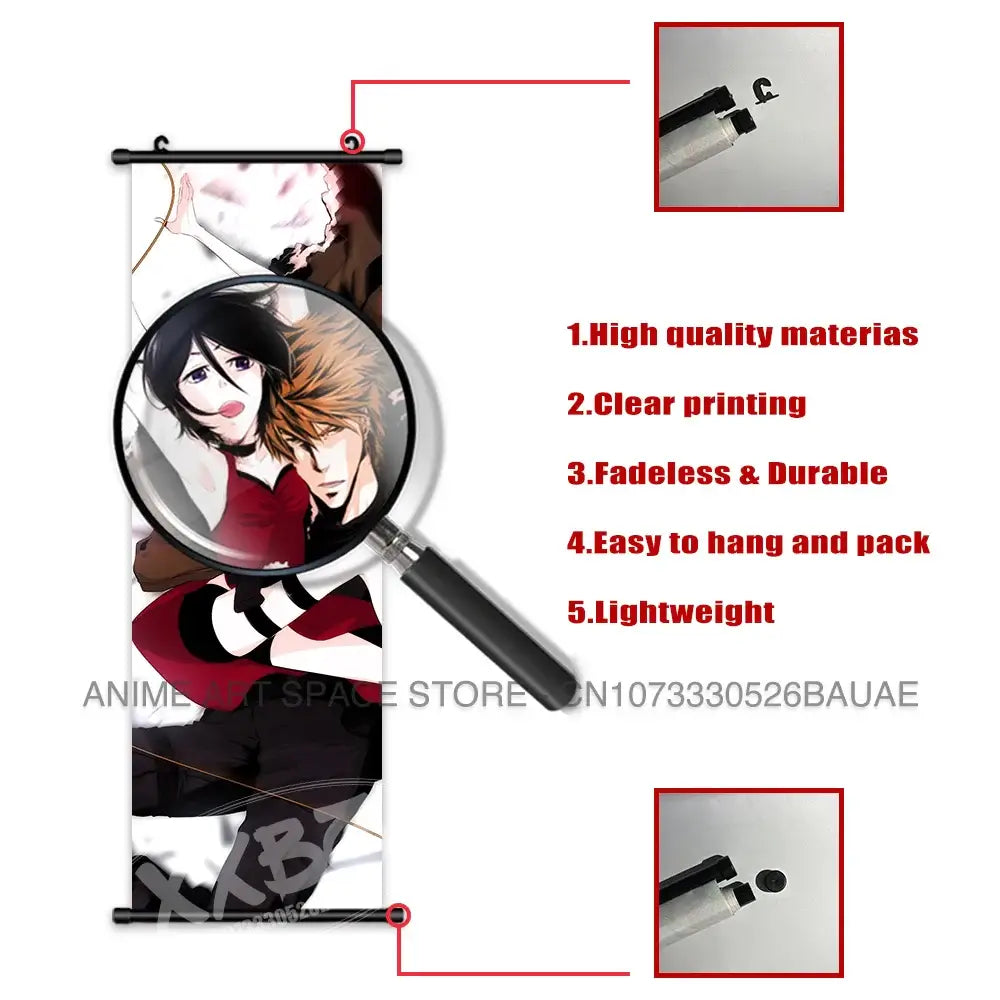 High-quality Bleach Anime Posters Japanese hanging scroll featuring Kurosaki Ichigo and Kuchiki Rukia printed on durable canvas for home decor.