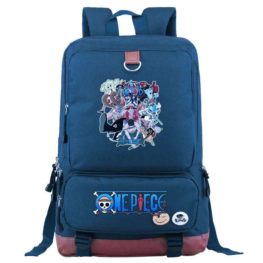 A large, unisex One Piece Luffy Printed Unisex Backpack suitable for school and travel, with compartments for a laptop and iPad.
