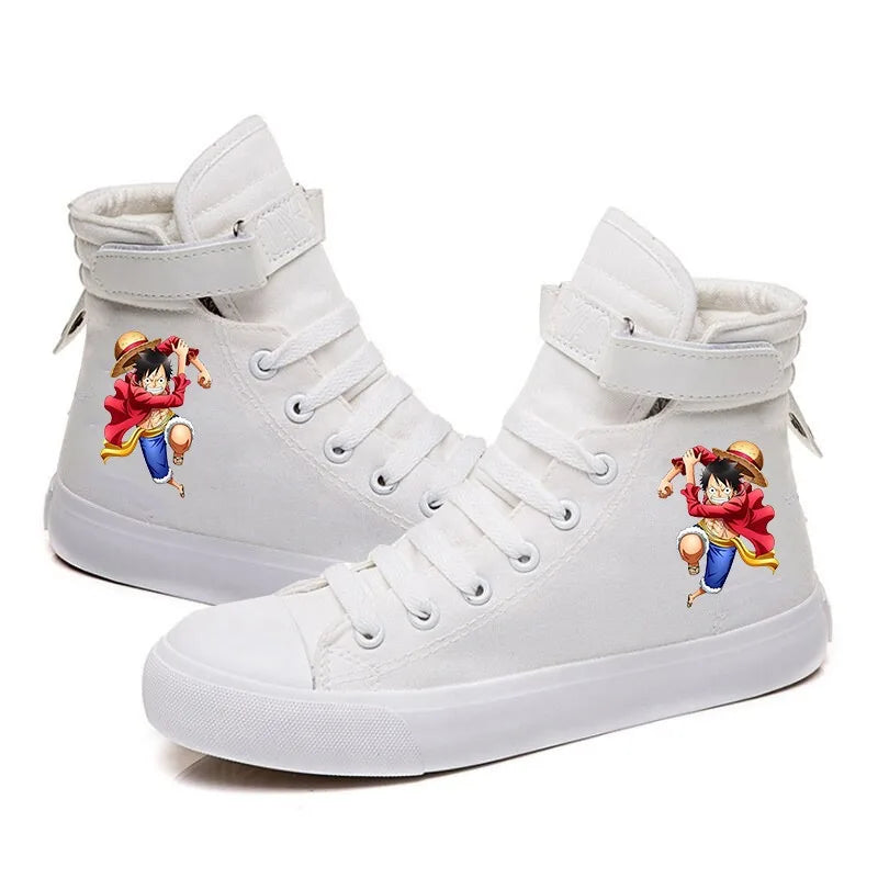 Trendy One Piece Luffy High Top Shoes featuring anime character art, designed as breathable non-slip leisure sports sneakers for students.