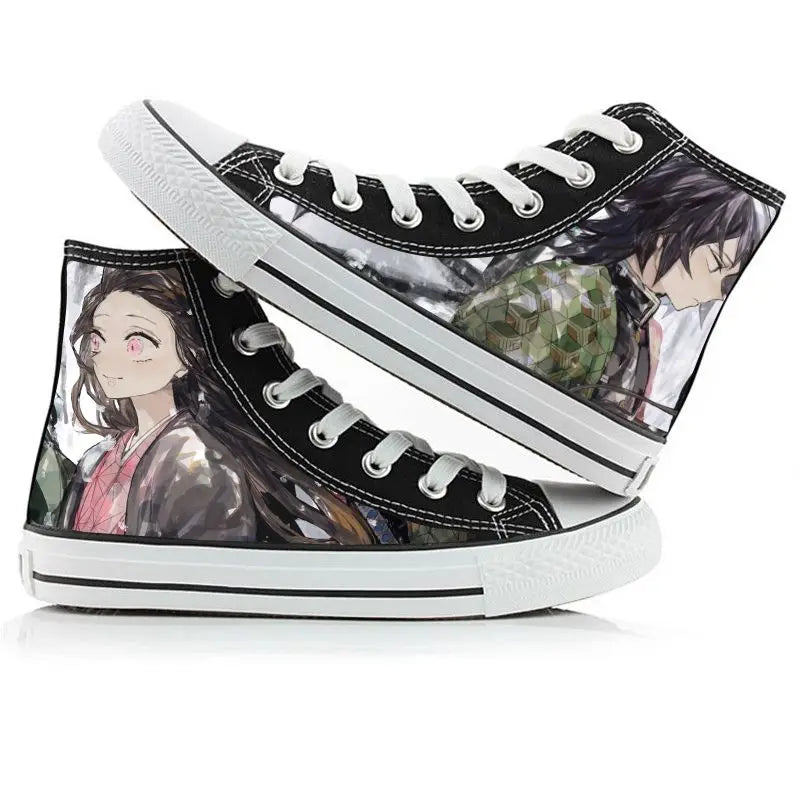 A pair of kawaii Anime Demon Slayer Canvas Shoes in a hand-painted high-top sneaker style for boys and girls.