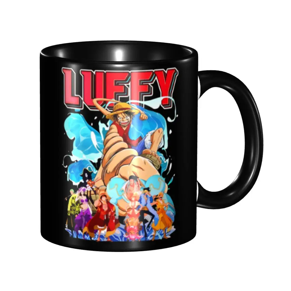 A ceramic Monkey D Luffy Quotes One Piece Mug featuring funny anime text and pirate character art, designed as a durable present for kids.