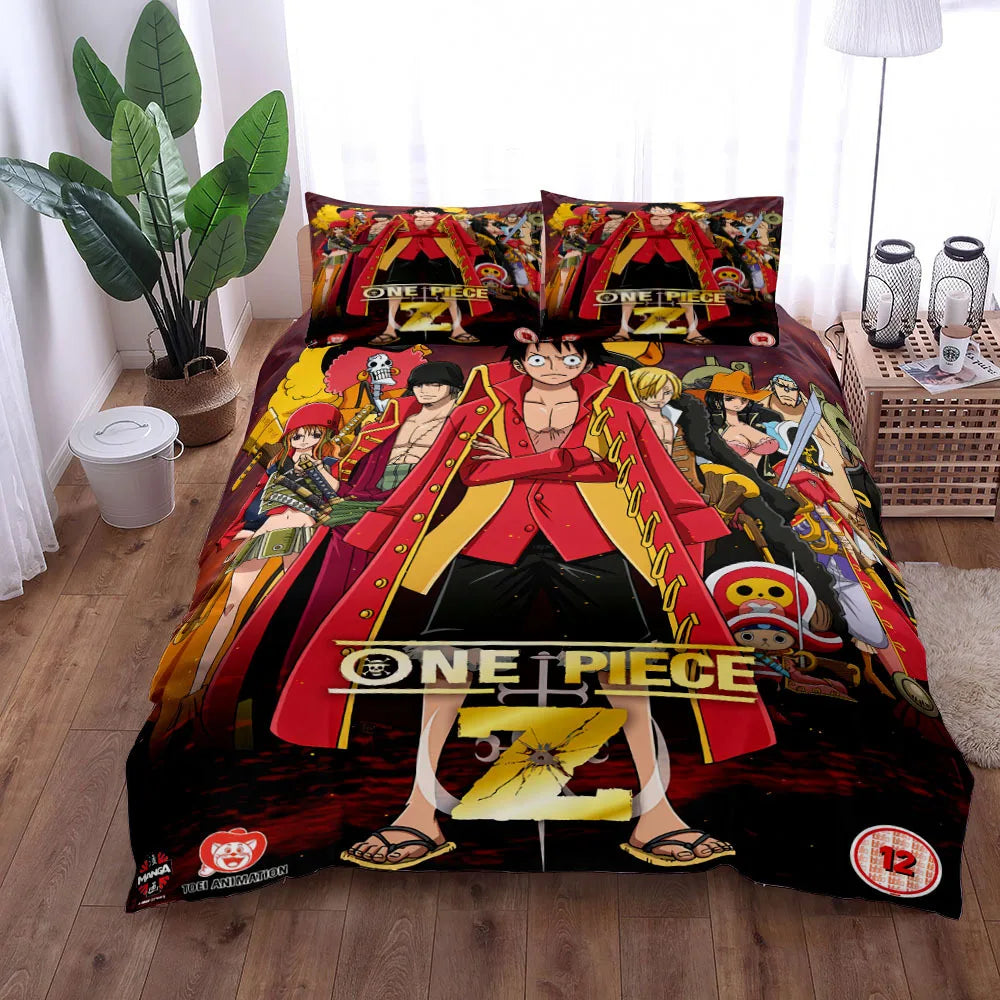 A vibrant One Piece Bedding Set featuring Monkey D. Luffy anime art on a duvet cover and pillowcase, designed for children's bedroom decor.