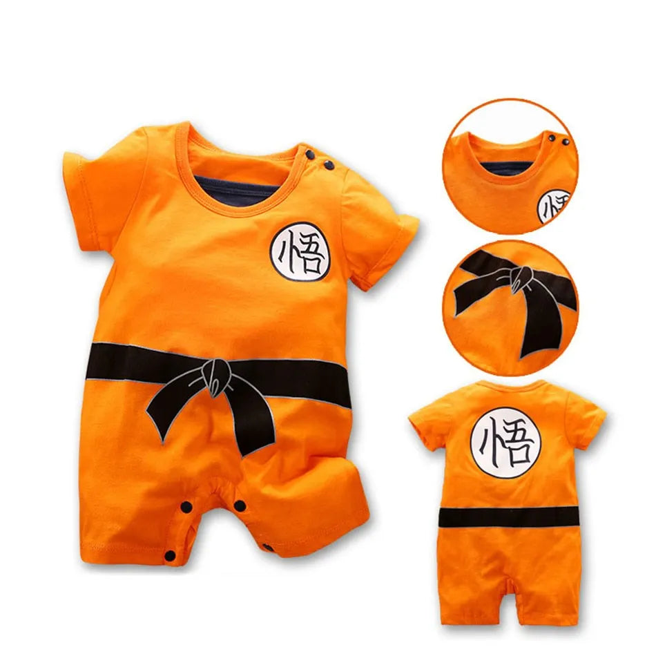 A newborn infant wearing the Baby Anime Costume, a cosplay jumpsuit available in Luffy, Akatsuki, and Vegeta styles.
